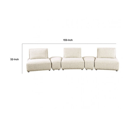 Canapé modulable incurvé 3 places Stavan, beige bouclé, profondeur d'assise réglable