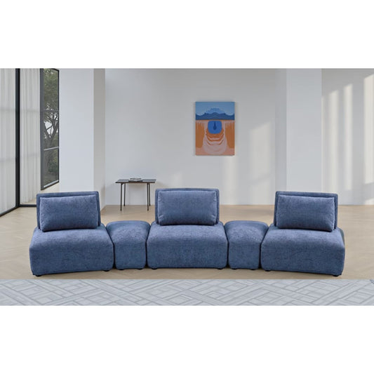 Canapé modulable incurvé 3 places Stavan, chenille bleue, dossiers réglables